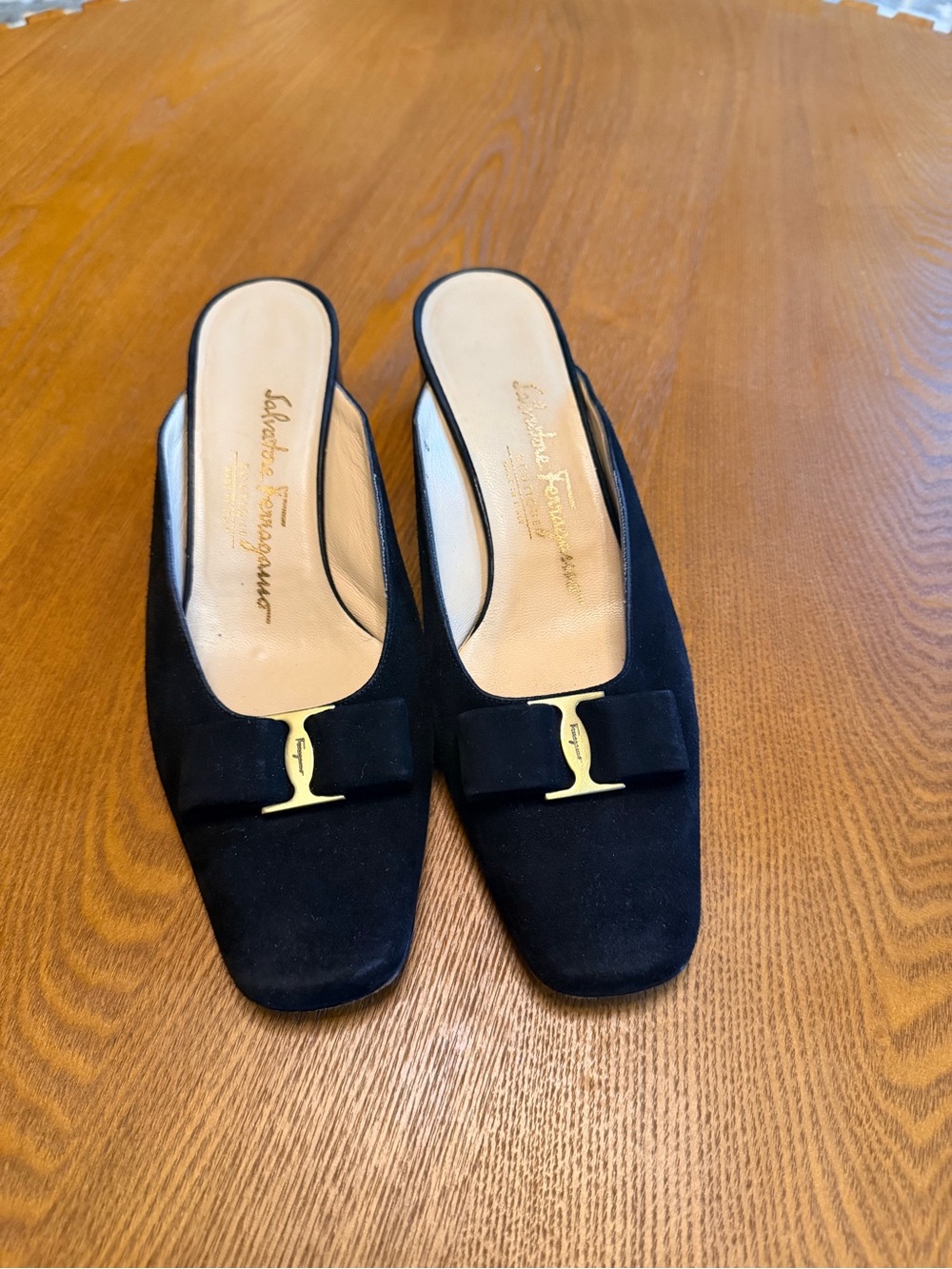 Salvatore Ferragamo Black Suede Vara Bow Mules